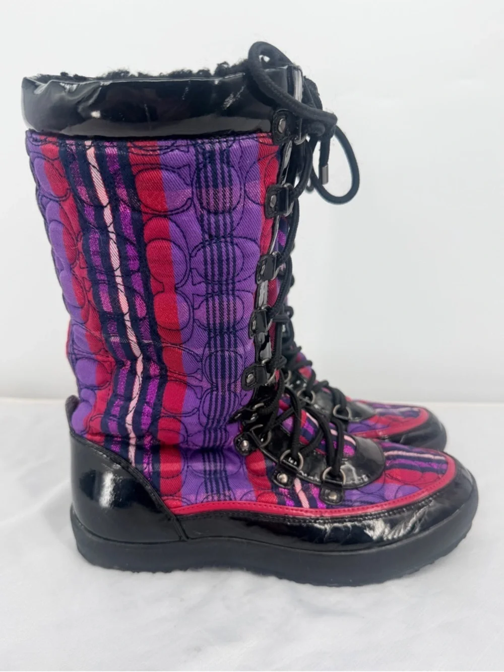 Coach Peggy Winter Boots Plaid Patent Leather Fur Lined Size 9